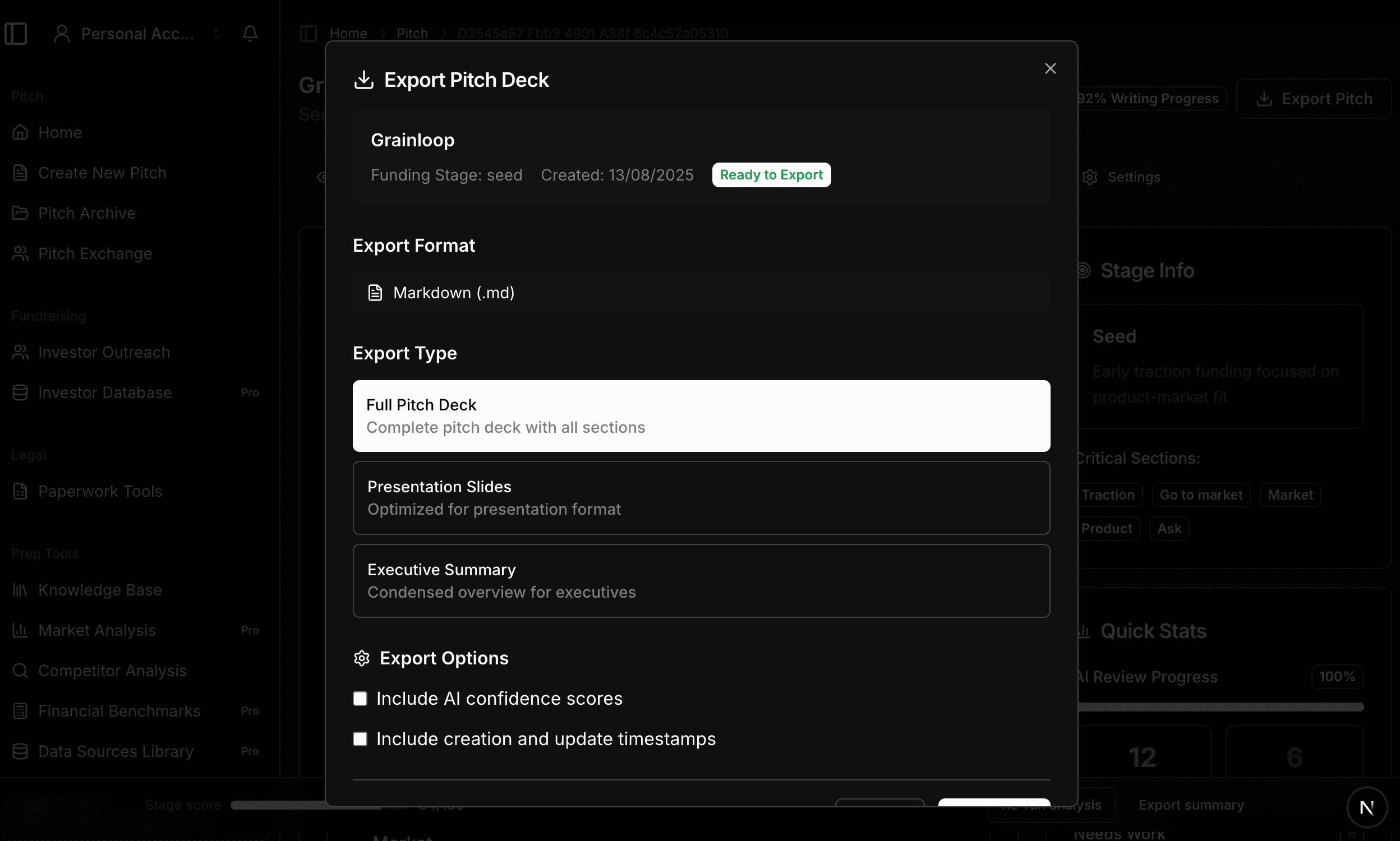 Export Pitch now works (Markdown-only)